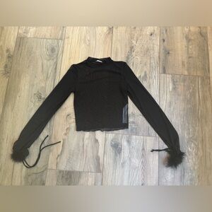 Bershka mesh black long sleeve top with black fur on sleeves